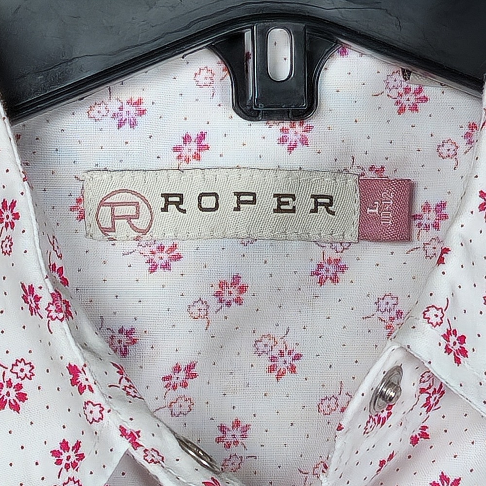 Roper Kids Western Snap Shirt White Pink Floral Polka Dot Size L 10-12